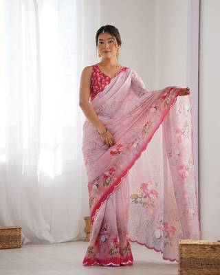 Chiffon digital print scallped border mirror work saree 1
