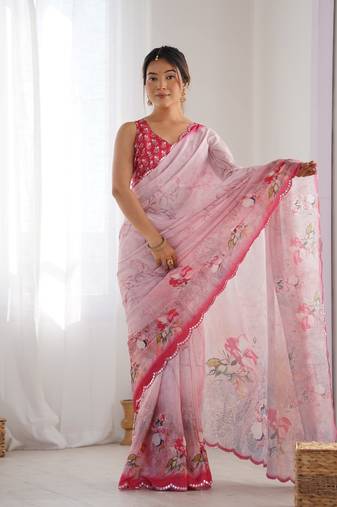 Chiffon digital print scallped border mirror work saree