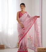 Chiffon digital print scallped border mirror work saree
