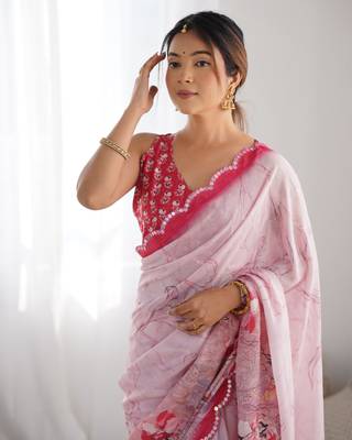 Chiffon digital print scallped border mirror work saree 5