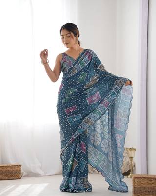 Chiffon digital print scallped border mirror work saree 1