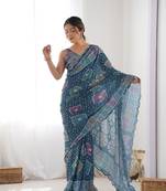 Chiffon digital print scallped border mirror work saree