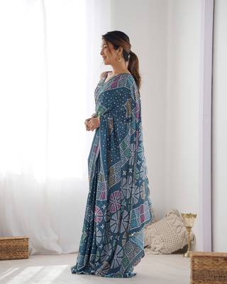 Chiffon digital print scallped border mirror work saree 5