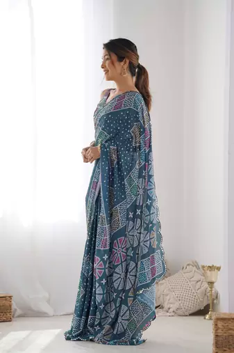 Chiffon digital print scallped border mirror work saree