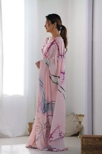 Chiffon digital print scallped border mirror work saree
