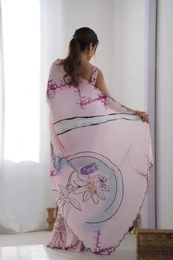 Chiffon digital print scallped border mirror work saree