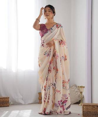 Chiffon digital print scallped border mirror work saree 1