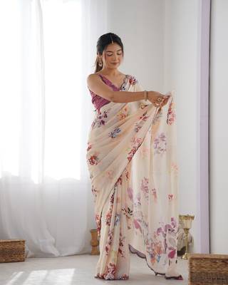 Chiffon digital print scallped border mirror work saree 2