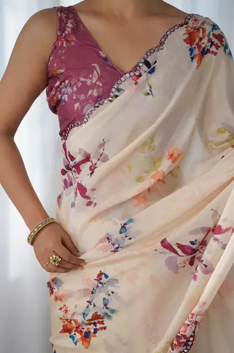 Chiffon digital print scallped border mirror work saree
