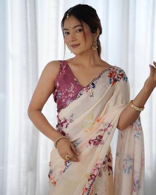 Chiffon digital print scallped border mirror work saree 5