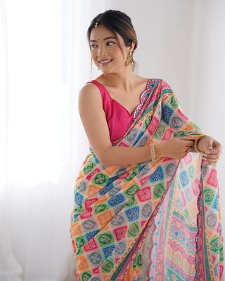 Chiffon digital print scallped border mirror work saree 1