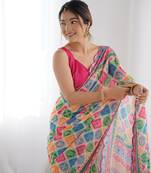 Chiffon digital print scallped border mirror work saree