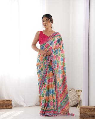 Chiffon digital print scallped border mirror work saree 2