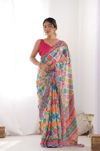 Chiffon digital print scallped border mirror work saree