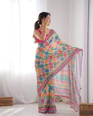 Chiffon digital print scallped border mirror work saree 3