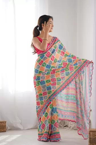 Chiffon digital print scallped border mirror work saree