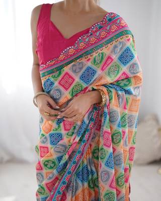 Chiffon digital print scallped border mirror work saree 4