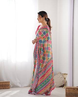 Chiffon digital print scallped border mirror work saree 5