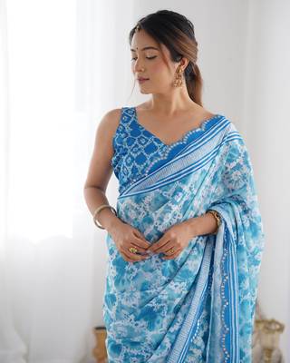 Chiffon digital print scallped border mirror work saree 2