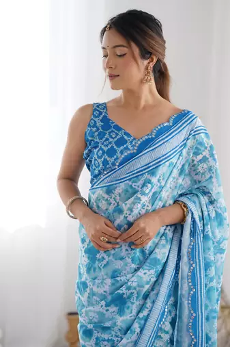 Chiffon digital print scallped border mirror work saree