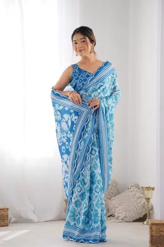 Chiffon digital print scallped border mirror work saree
