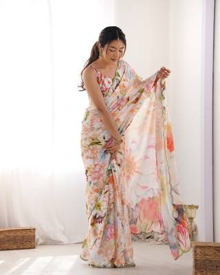 Chiffon digital print scallped border mirror work saree 1
