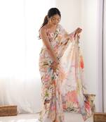Chiffon digital print scallped border mirror work saree