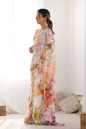 Chiffon digital print scallped border mirror work saree