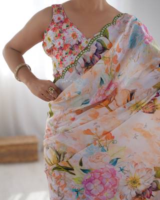 Chiffon digital print scallped border mirror work saree 3