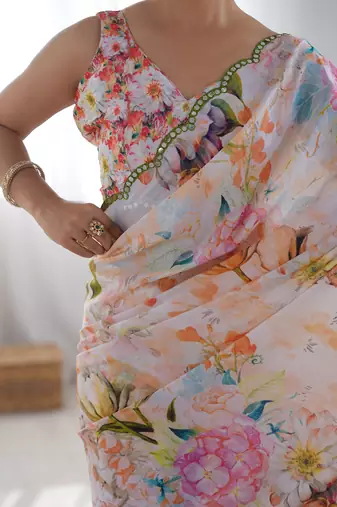Chiffon digital print scallped border mirror work saree