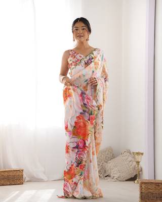 Chiffon digital print scallped border mirror work saree 4
