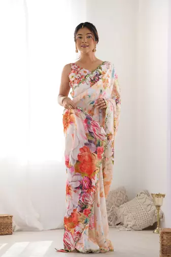 Chiffon digital print scallped border mirror work saree