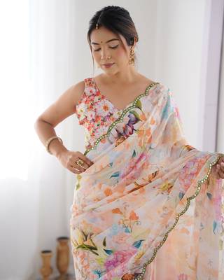 Chiffon digital print scallped border mirror work saree 5