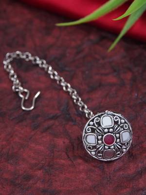 navratri ethnic silver oxidised mirror work borla/maang tikka for women  1