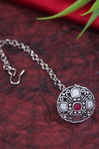 navratri ethnic silver oxidised mirror work borla/maang tikka for women 