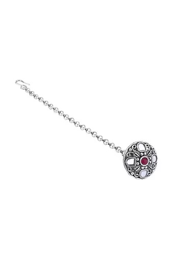 navratri ethnic silver oxidised mirror work borla/maang tikka for women 