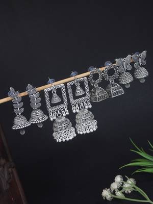 silver oxidised 4 different design afghani jhumka earrings combo for women  1