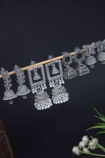 silver oxidised 4 different design afghani jhumka earrings combo for women 