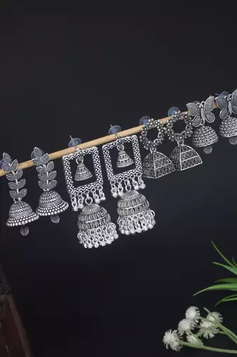 silver oxidised 4 different design afghani jhumka earrings combo for women 