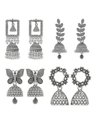 silver oxidised 4 different design afghani jhumka earrings combo for women  2
