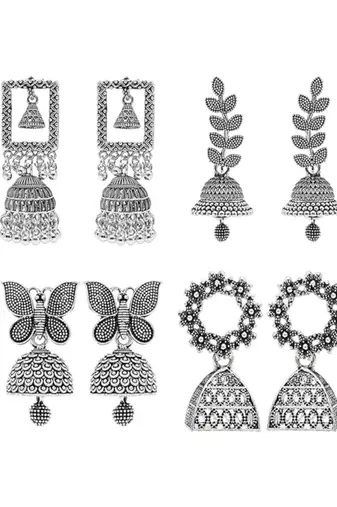 silver oxidised 4 different design afghani jhumka earrings combo for women 
