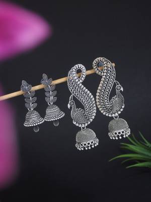 Jewels traditional stylish fancy silver oxidised afghani jhumka earrings combo for women  1