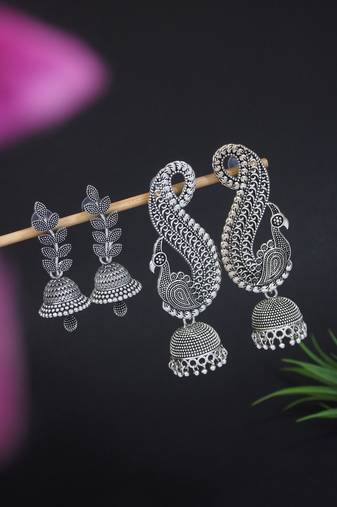 Jewels traditional stylish fancy silver oxidised afghani jhumka earrings combo for women 