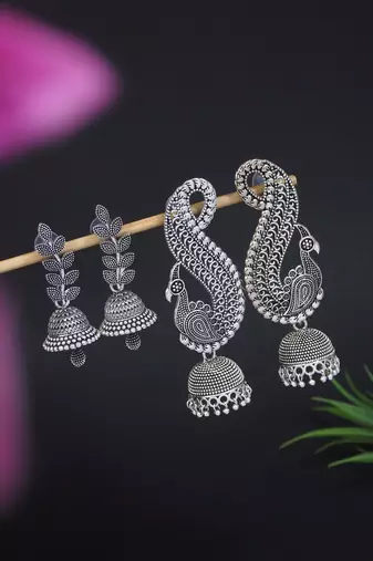 Jewels traditional stylish fancy silver oxidised afghani jhumka earrings combo for women 