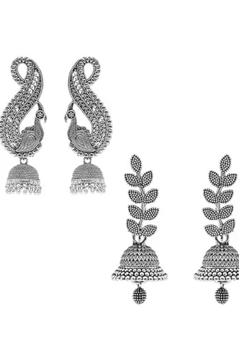 Jewels traditional stylish fancy silver oxidised afghani jhumka earrings combo for women 