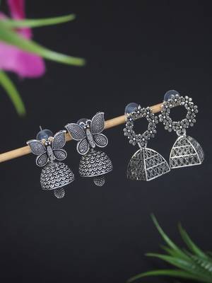 traditional stylish fancy silver oxidised afghani jhumka combo earrings  1