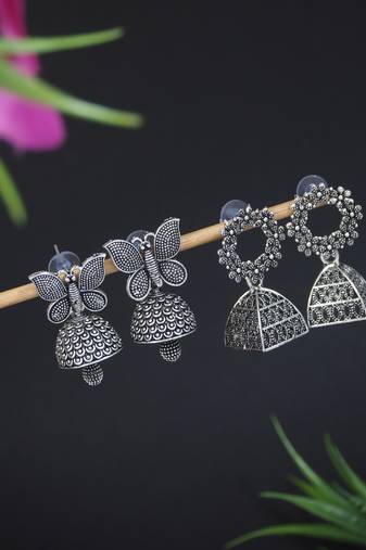 traditional stylish fancy silver oxidised afghani jhumka combo earrings 