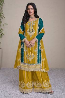 Mustrad- teal green embroidery secquins chinon silk straight palazzo- free size stitched(size upto 42") 1