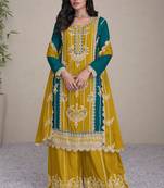 Mustrad- teal green embroidery secquins chinon silk straight palazzo- free size stitched(size upto 42")