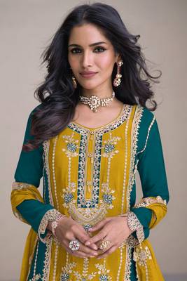 Mustrad- teal green embroidery secquins chinon silk straight palazzo- free size stitched(size upto 42") 2